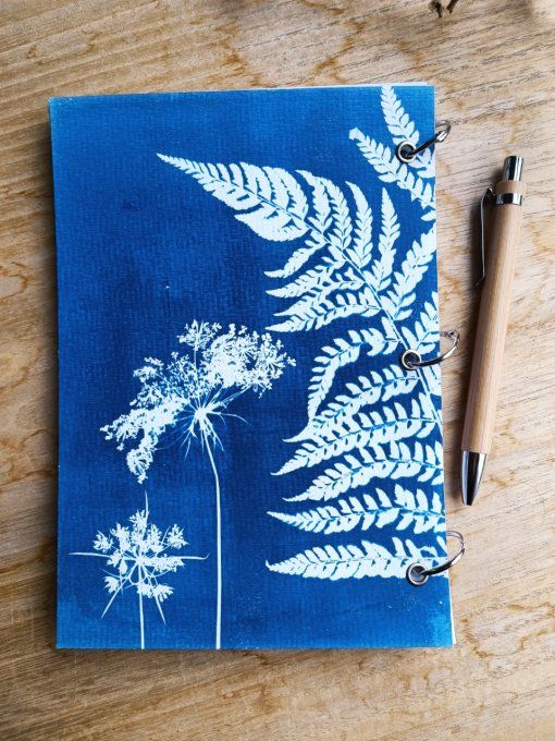 Carnet de notes rechargeable A5 - Cyanotype Fougère et Fleurs de carotte - Fait Main   