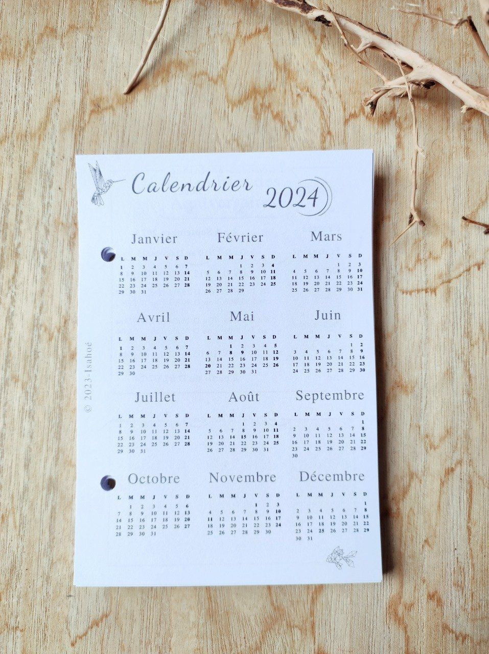 Recharge Calendrier annuel + mensuels 2024 (pour l'agenda perpétuel) -  Memoetcie