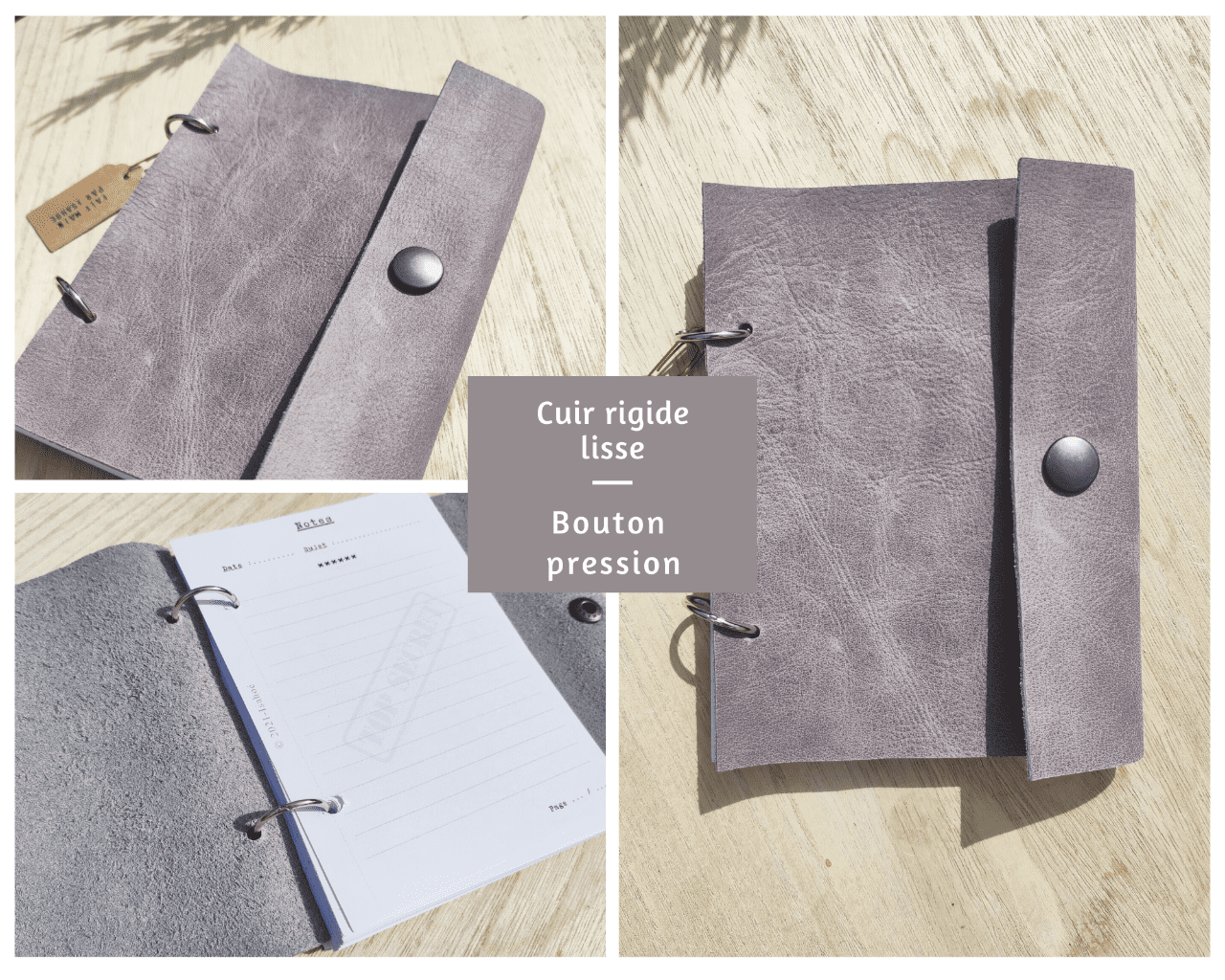 Carnet de notes en cuir gris upcyclé - Fait main