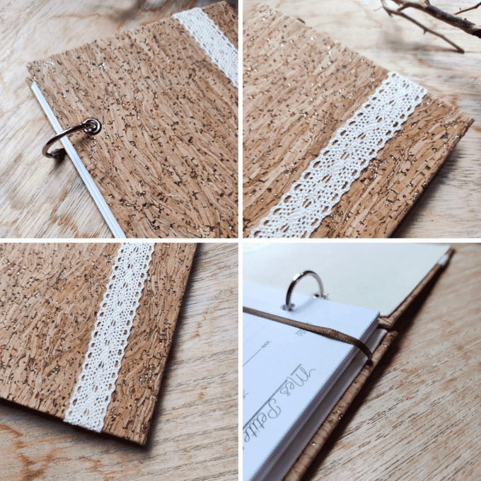 Carnet de notes ou Agenda rechargeable en Liège et Dentelle - Fait Main